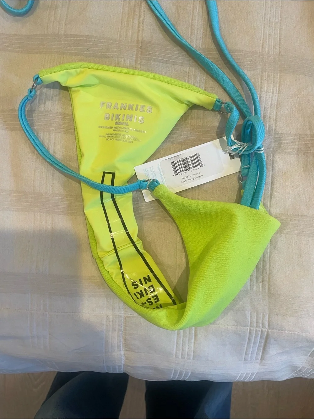 Frankie's Bikinis Lime Green Triangle Halter with Aqua Trim - set